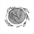 Vector illustration in doodle style. a ball of wool and a wreath of leaves. simple logo, icon with a ball of wool for knitting, cr Royalty Free Stock Photo